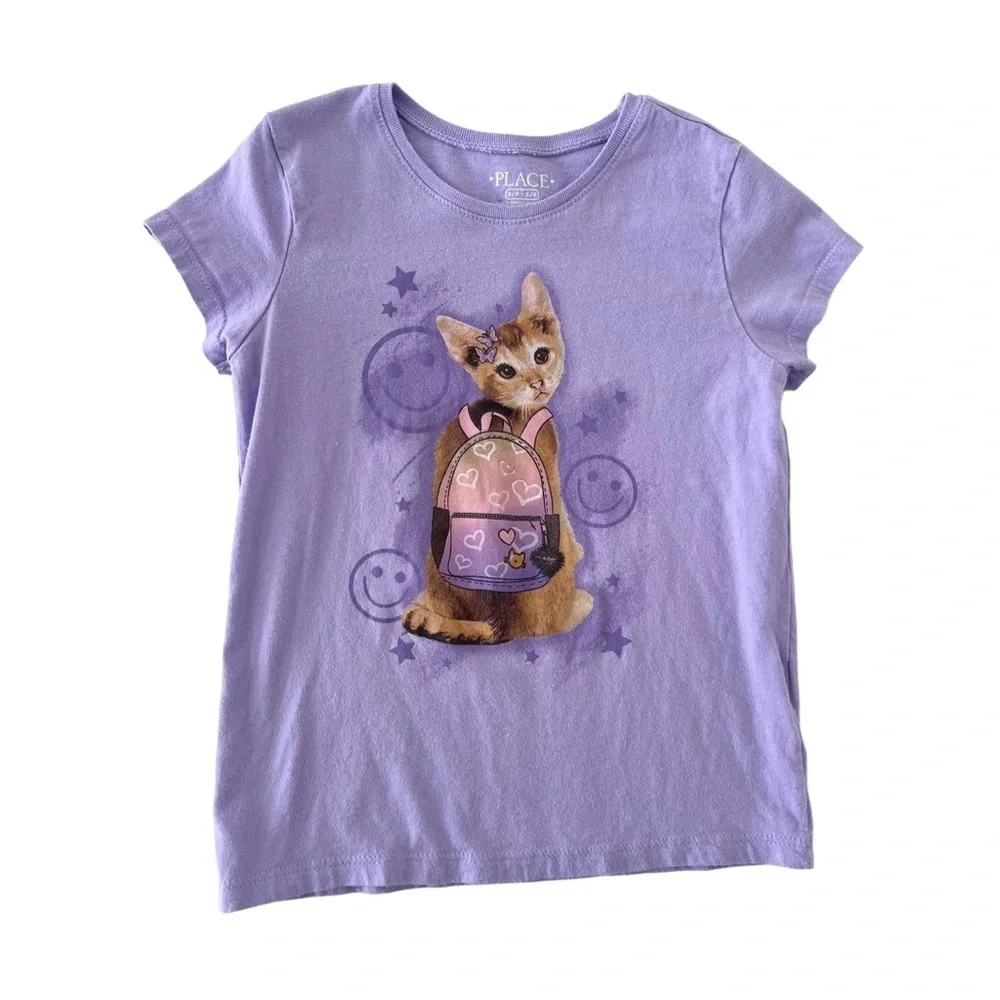 The Children's Place Lavender Cat Short Sleeve School Tee | Girls S/P (5/6)